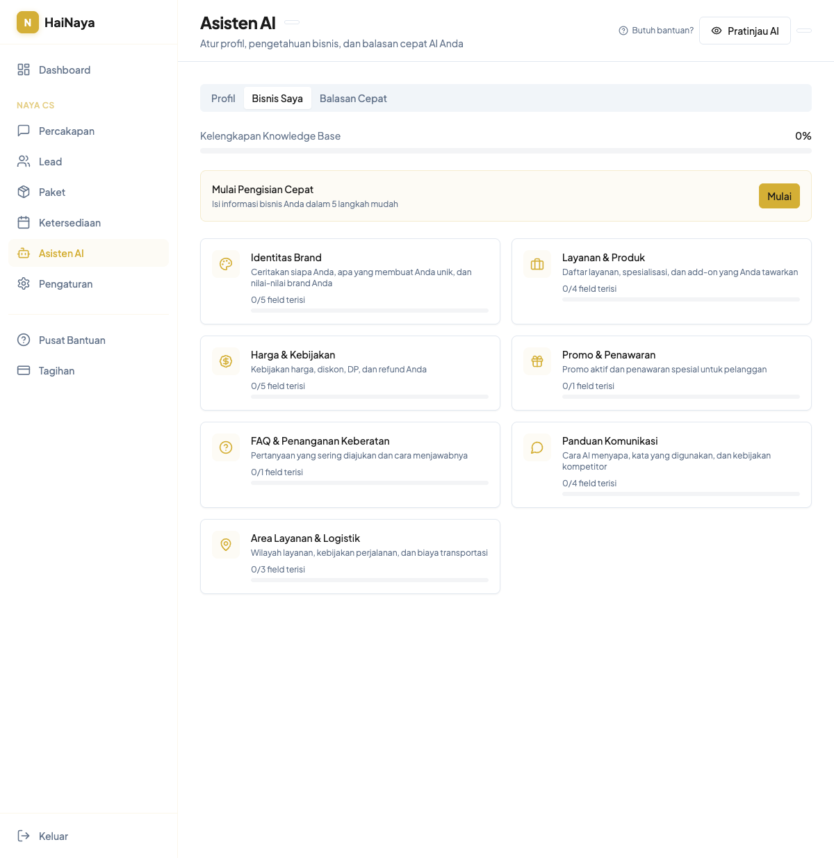 Pengaturan Knowledge Base AI HaiNaya dengan progress meter