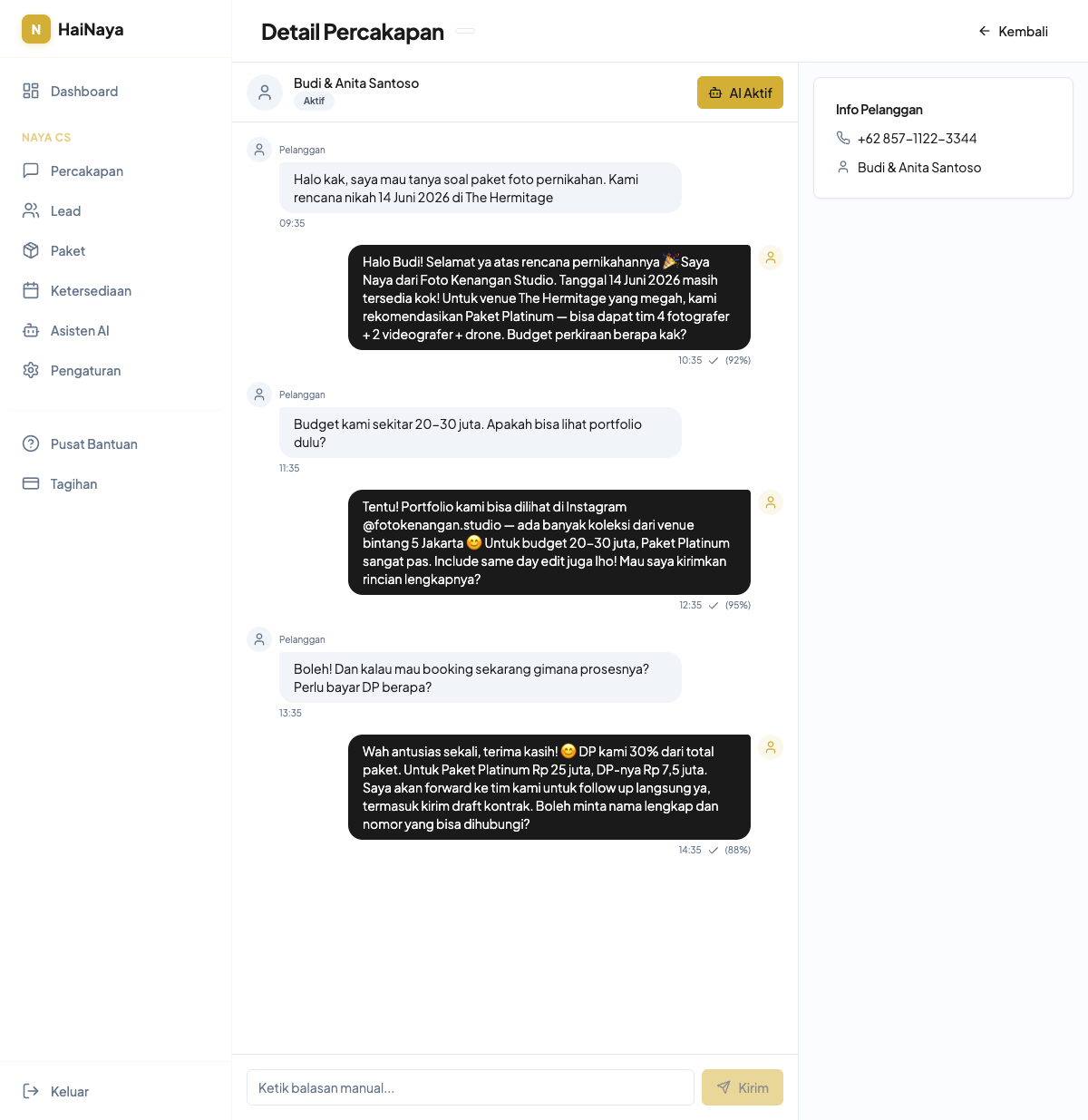 Dashboard percakapan AI HaiNaya menampilkan auto-reply WhatsApp
