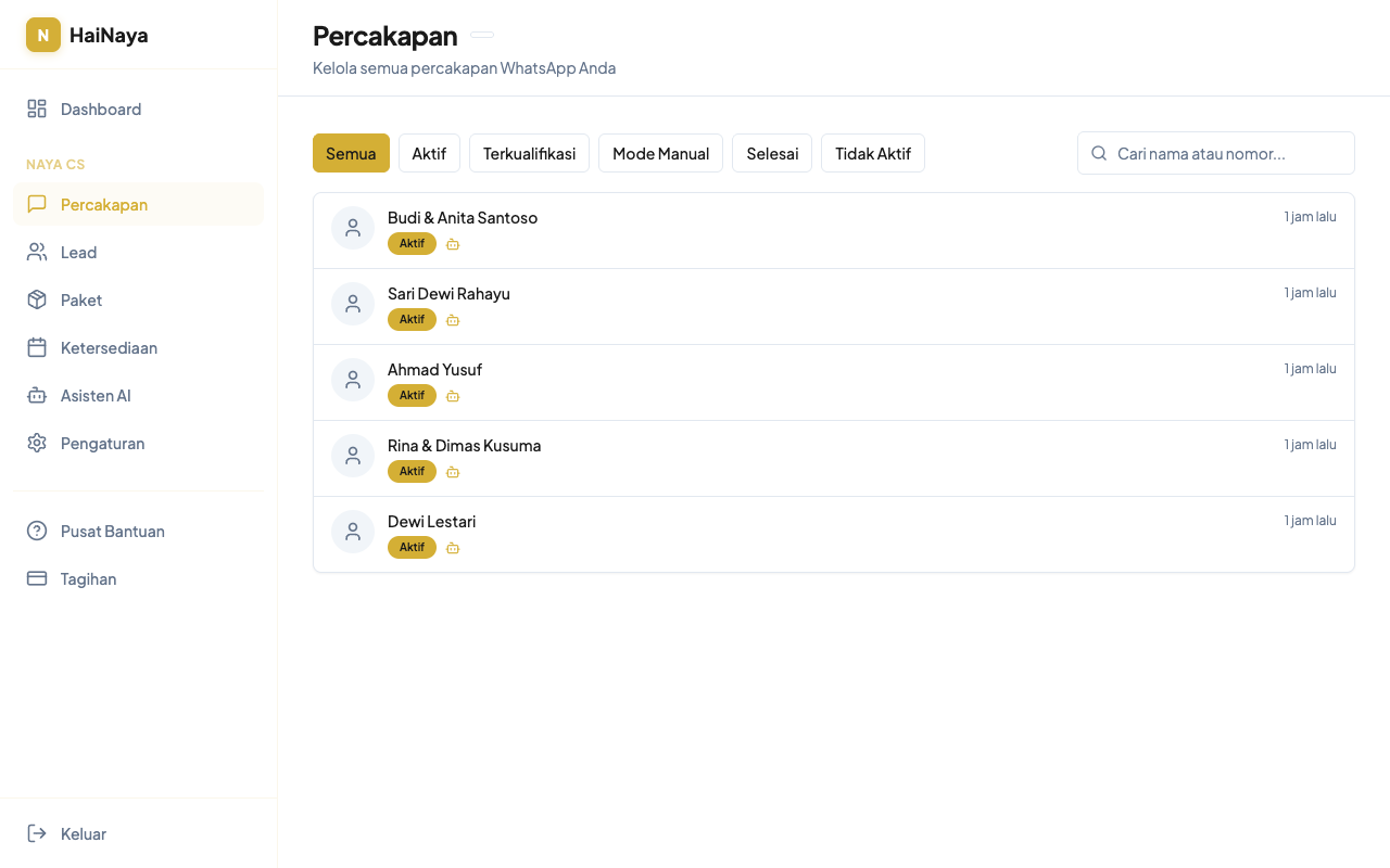 Daftar percakapan WhatsApp di HaiNaya